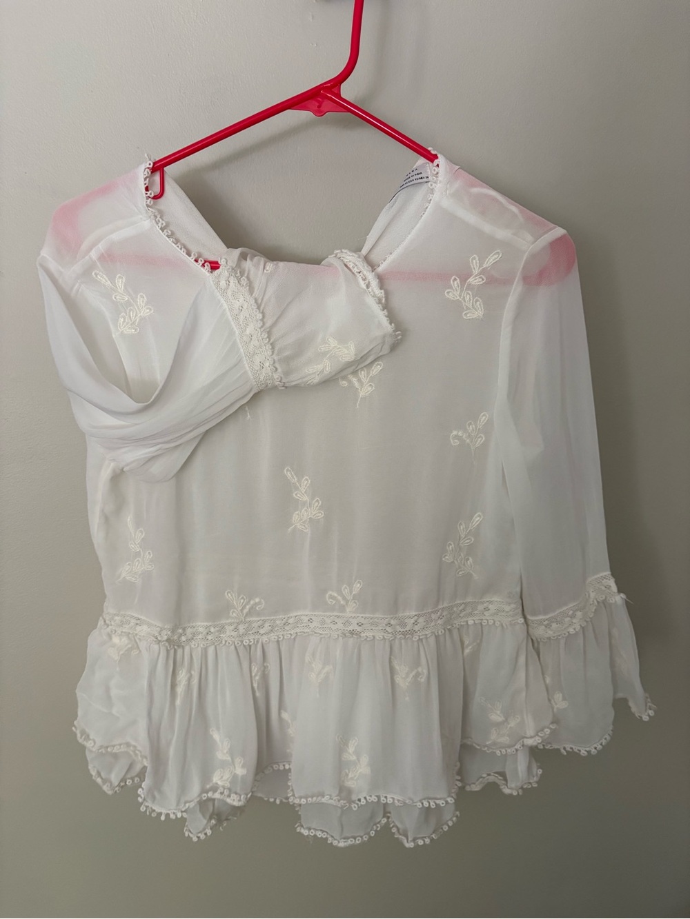 Zara White Sheer Embroidered Peplum Blouse